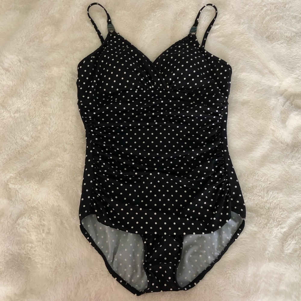 Trimshaper black/white polka dot one piece NWOT